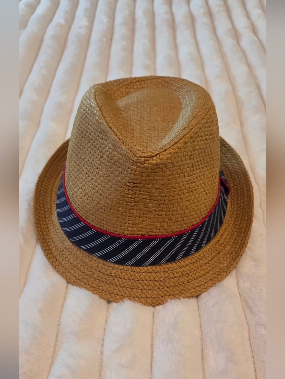 The Children's Place Tan Straw Fedora with Navy Striped Band and Red Piping